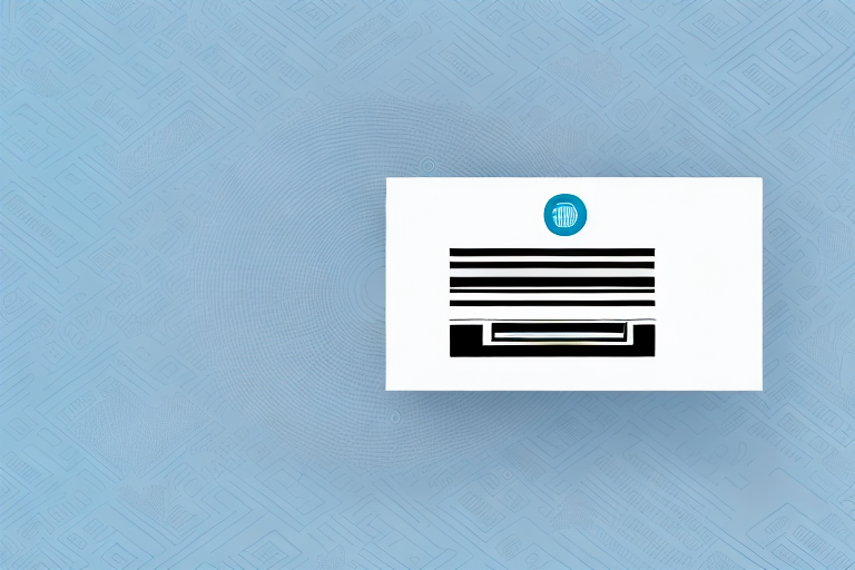An abstract design featuring a white rectangle with black horizontal lines and a blue circle on top against a textured blue background resembles a minimalist interpretation of an ATM slot, much like the organized layout seen when you track USPS insurance using your USPS insurance number.