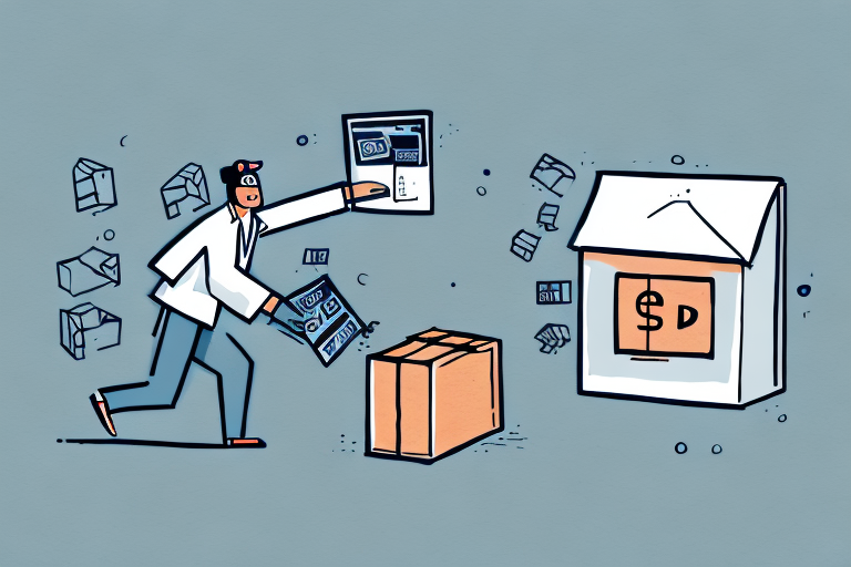 Cartoon of a person in a suit holding a giant credit card and a receipt, dashing towards a house marked with a dollar sign. Small icons of envelopes and cards float around them, while concerns of package theft loom over the large package on the ground.