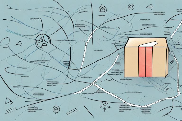 Amidst a maze-like background of abstract lines and symbols, a closed DHL package with red tape rests on the right side. It sits among chaotic swirling patterns and geometric shapes, prompting thoughts of what to do if faced with a lost package.