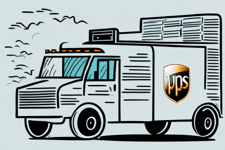 Illustration of a delivery truck with the letters ups on the side. Stylized with bold lines, it cleverly represents UPS return shipping rates, as birds elegantly fly around it.