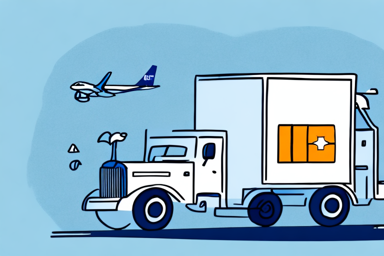 Illustration of a white truck with a glowing orange window on its side, evoking the efficiency of FedEx 3-Day Shipping. A small hat and briefcase protrude from the open window. An airplane flies in the sky above against a blue background, symbolizing swift, reliable shipping solutions.