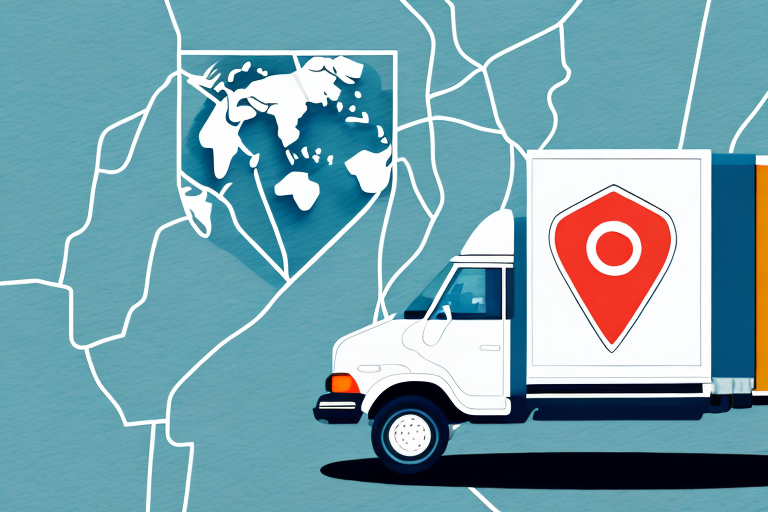 Illustration of a white delivery truck on a map background, embodying the understanding of delivery charges per mile. The trucks side showcases a large red location pin symbol, while a map overlay featuring continents appears in the top left corner.