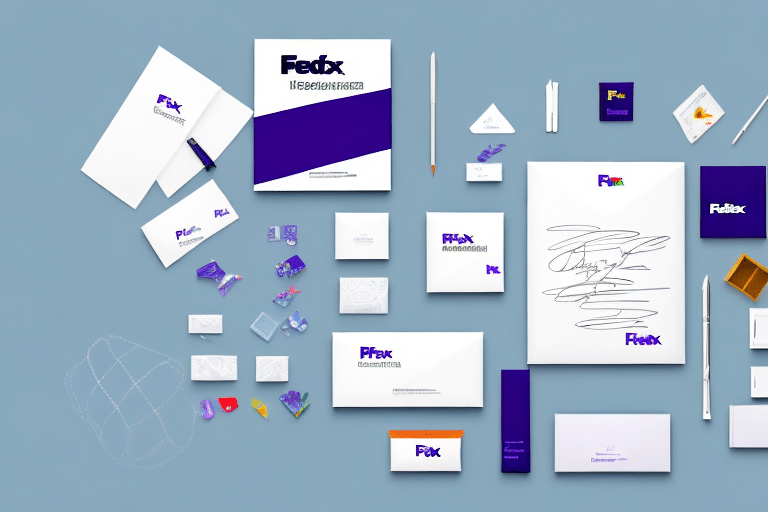 A flat lay of various FedEx branded stationery items on a blue surface, including envelopes, business cards, pens, and notepads, displaying the FedEx logo in purple and orange. Perfect for organizing your essentials with a touch of professionalism before using FedEx Ship Manager for seamless deliveries.