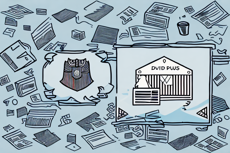 A chaotic office scene with scattered papers and electronic devices. On one side, a shield with an eagle emblem; on the other, a tent-like structure labeled DVID PWS with a shirt and list inside, hinting at international import duties managed through UPS Worldwide Express Freight.