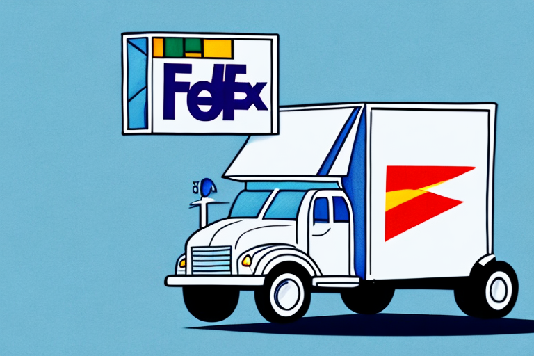 A cartoon delivery truck with a colorful logo zooms past a building displaying a large FedEx sign. With its stylized, animated flair, the scene against a blue background highlights FedExs reliable letter shipping services.