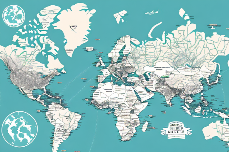A stylized world map with intricate black line patterns resembling topographical details on a teal background. Insets reveal two circular map views, perhaps hinting at a curious delivery route. The large label reads “Strange Earth Distorted” within a decorative frame at the bottom right.