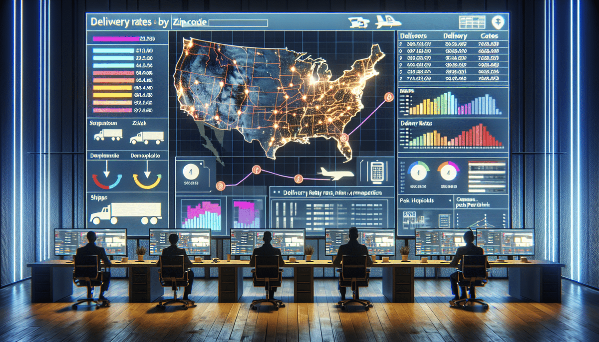 In the control room, five people sit at desks surrounded by multiple screens. A large display showcases a digital map of the United States, illustrating delivery rates and UPS shipping rates by zip code, alongside data charts and performance metrics.