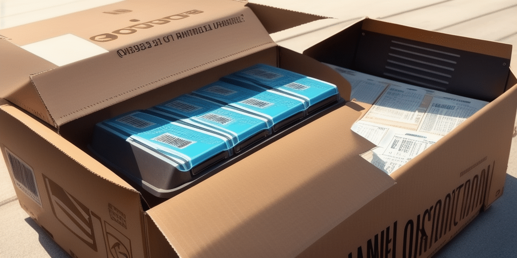 An open cardboard box, reminiscent of a PO Box delivery, is filled with neatly arranged packages in blue and white, each topped with a barcode. Positioned indoors on a flat surface under side lighting, it seems ready to ship seamlessly through UPS WorldShip.