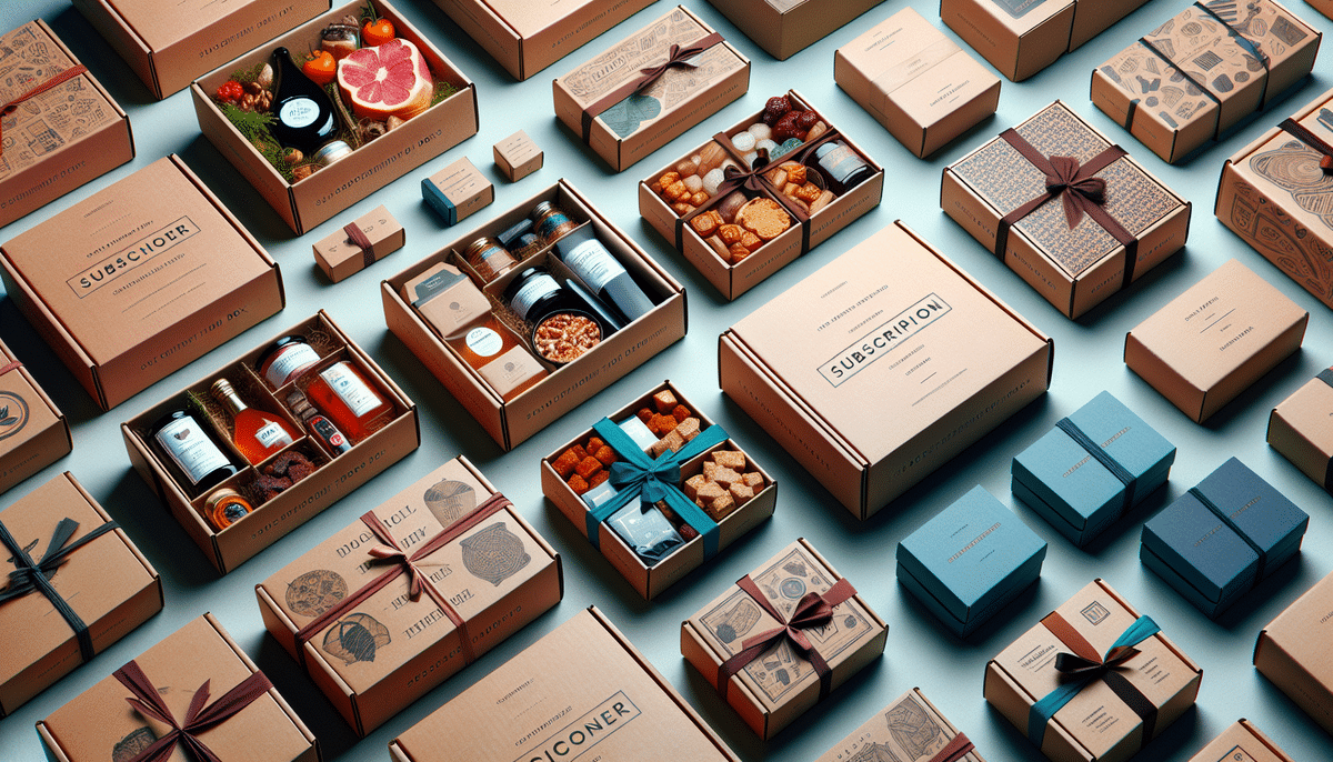 An array of subscription boxes is arranged neatly, featuring items like jars, snacks, and small gifts. Each box is creatively packaged with decorative ribbons, showcasing diverse themes from the best subscription box suppliers for innovative subscription services.