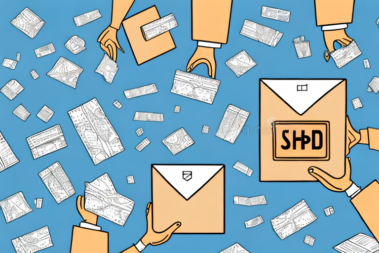 Illustration of hands exchanging envelopes and documents against a blue background. Some envelopes are marked with SHIP, highlighting the difference between Economy Shipping and Priority Shipping, while various sketches and maps are scattered around, suggesting a mail or delivery theme.
