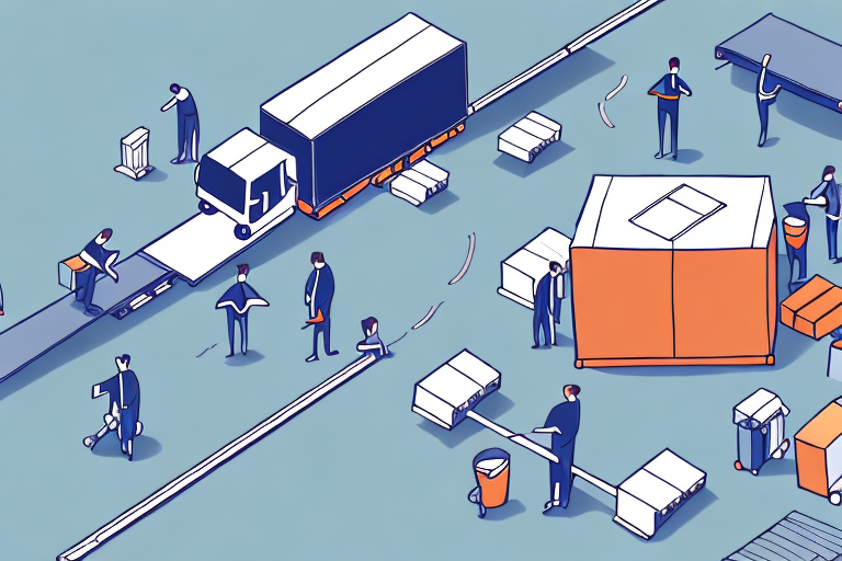 Illustration of a logistics scene with cartoon figures managing parcels on conveyor belts. A UPS truck is being loaded next to a warehouse, showcasing UPS Mail Innovations in action. Workers use mechanical tools to handle packages, set against a color scheme of gray, blue, and orange accents.