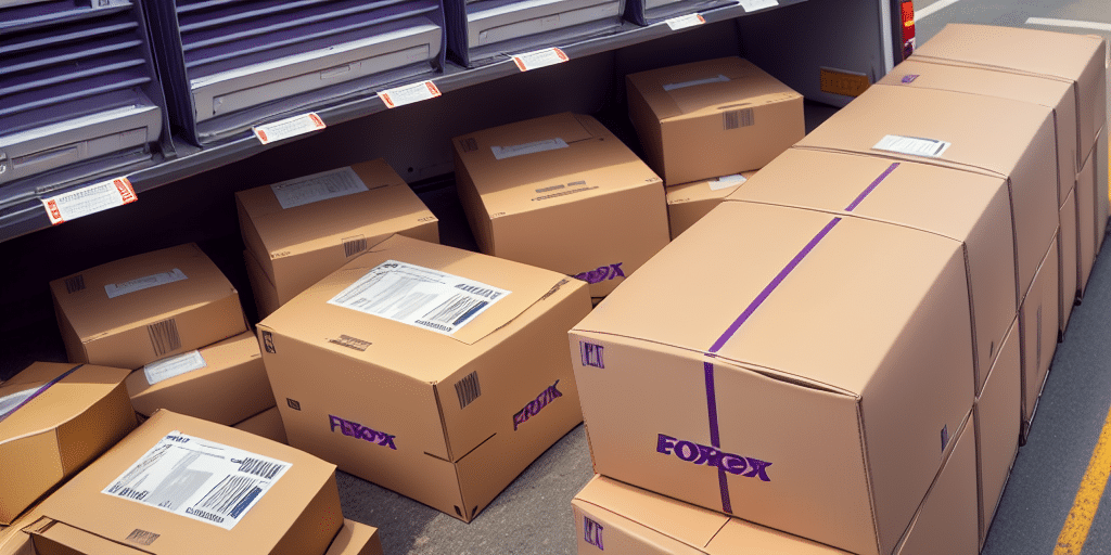 A shipping truck with its side open reveals numerous brown cardboard packages, each adorned with a FedEx logo and shipping labels. Among them, several tracking numbers are visible, ensuring each parcel is efficiently monitored by the Ship Manager tool for a seamless delivery experience.