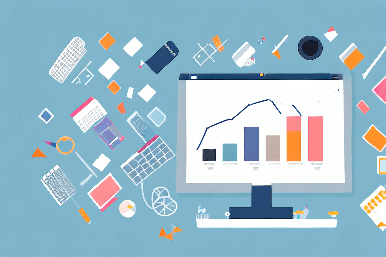 A computer monitor displays various graphs and charts against a blue background. Surrounding the monitor are abstract elements like keyboards, calculators, and geometric shapes, representing e-commerce operations in data analysis. Items per order metrics are crucial for measuring success in this technological landscape.