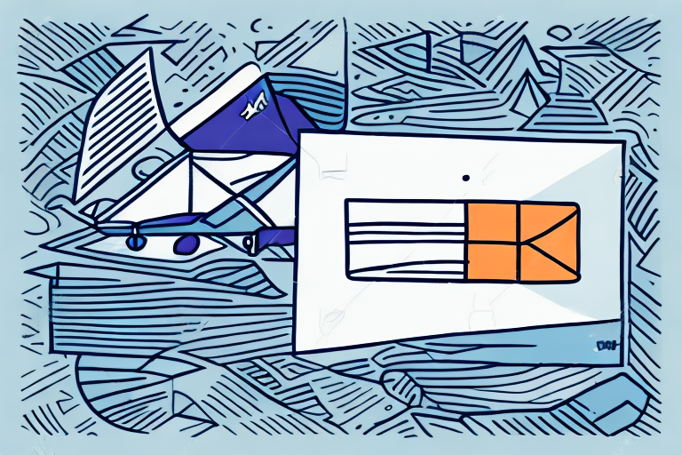Abstract illustration depicting a paper airplane and a computer window with overlapping geometric shapes in blue and orange tones, reminiscent of developing Chiles vibrant design landscape. The background consists of various lines and patterns, creating a dynamic and modern composition.
