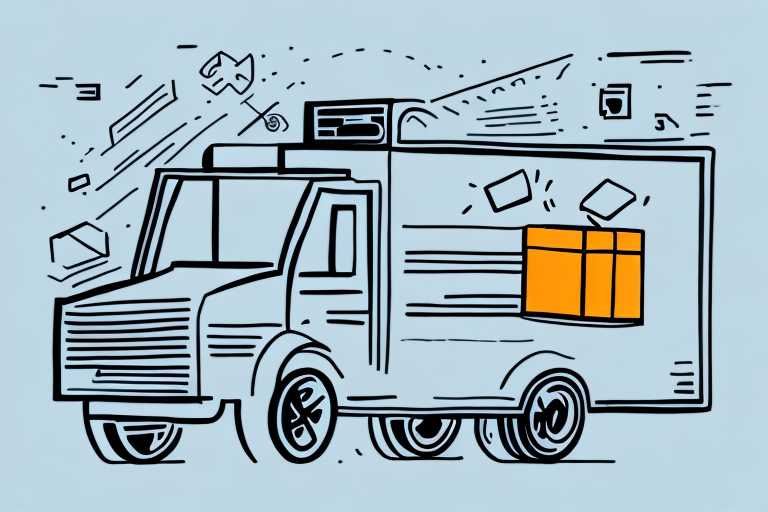 Illustration of a delivery truck in motion, outlined with bold lines on a light blue background. The truck, ideal for efficient book shipping, features a large orange box on its side, with assorted small parcels and lines depicting speed scattered around.
