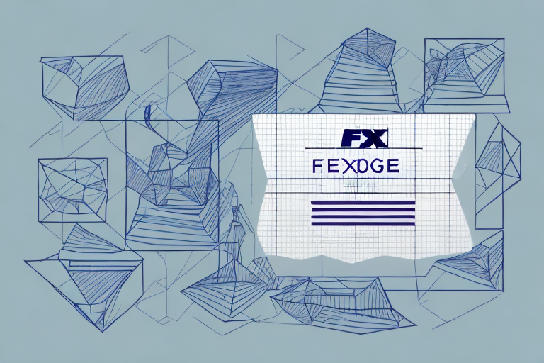 An abstract drawing features geometric shapes in blue surrounding a central piece of graph paper marked with FX and FXEDGE in bold letters, reminiscent of FedEx branding. The background is a muted grayish-blue.