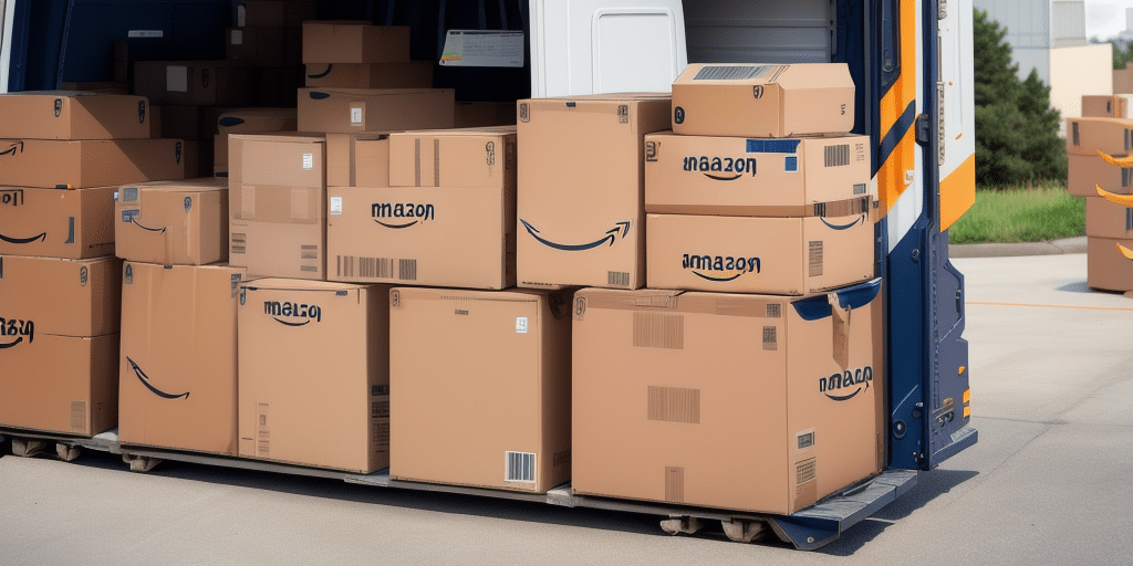 A delivery vehicles open door reveals numerous stacked Amazon cardboard boxes, ready for shipment. As these boxes, varying in size, are neatly arranged on the pavement next to the vehicle, efficient logistics help manage USPS connections seamlessly.