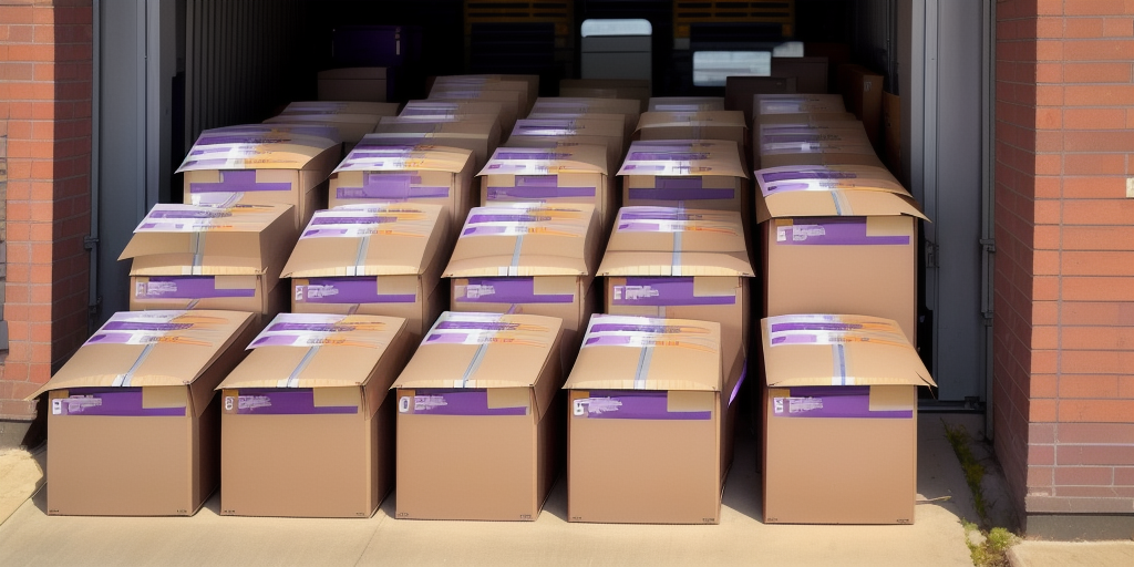 Stacks of uniform brown boxes with purple and white labels are neatly organized in a warehouse, showcasing the efficiency of USPS Shipping Services. The boxes, arranged in rows and extending from a partially open door, hint at an impressive high-volume shipment or delivery.