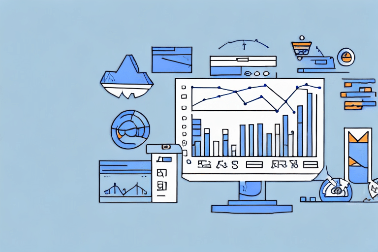 Illustration of a computer displaying various charts and graphs analyzing ecommerce statistics. The screen shows a mix of bar and line graphs. Surrounding the monitor are additional smaller graphs and technical icons, all on a light blue background.