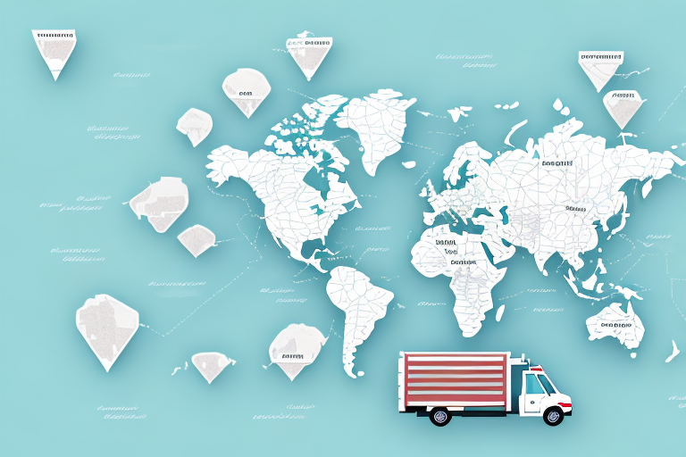 A stylized world map with white and gray continents on a teal background features various triangular infographic elements. A red and white delivery truck at the bottom right symbolizes global delivery, highlighting the theme of calculating per mile delivery fees.
