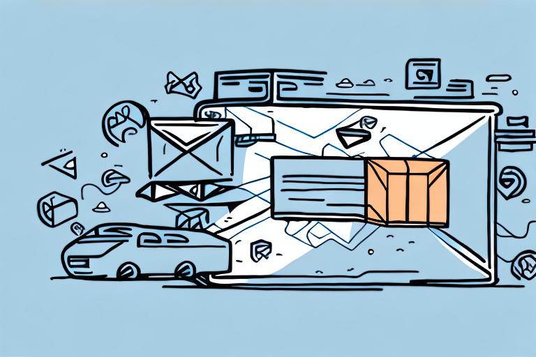 Illustration of a tablet displaying an email, encircled by icons of envelopes, a shopping cart, a package, and a car, symbolizing digital communication and carriers. The scene offers a step-by-step guide to understanding delivery services. A light blue background enhances the design.