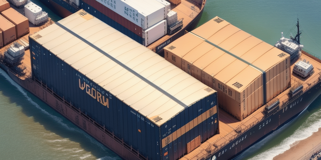 Aerial view of a cargo ship carrying large shipping containers, easily showcasing UPS WorldShip 2020 efficiency. The containers vary in size and color, mainly blue and beige. The ship navigates through the water, revealing part of its deck and distinctive markings.