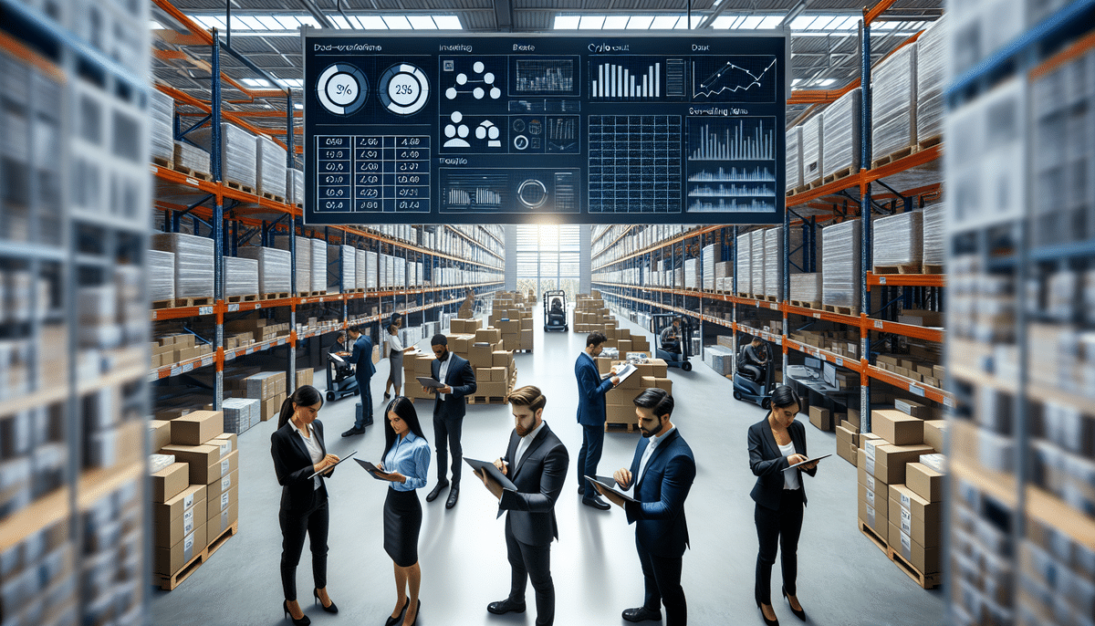A group of professionals in business attire stands in a large, organized warehouse filled with shelves and boxes. Using tablets and laptops, they conduct an inventory audit. A digital data interface with graphs and charts hovers above them, displaying analytics for slow-moving inventory.