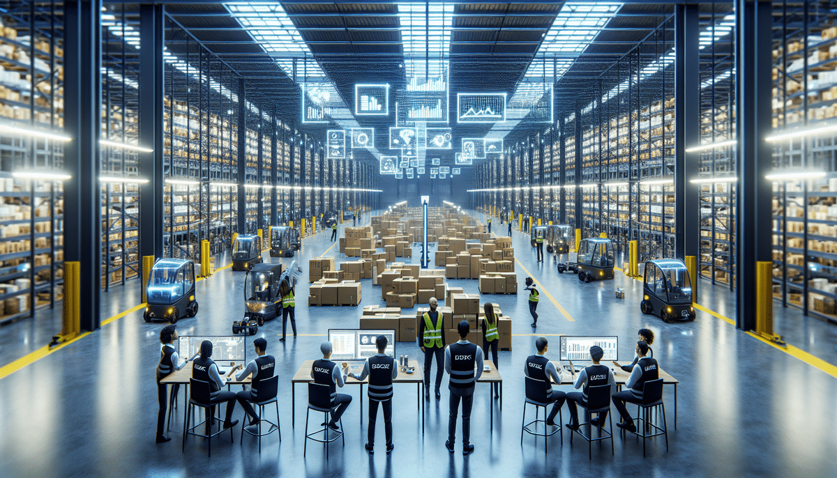 A large, modern fulfillment warehouse with tall shelves filled with boxes. Workers in safety vests operate small forklifts and manage inventory. Digital graphics of charts and data overlays above the boxes. Bright overhead lighting illuminates the space, ensuring efficient 3PL logistics operations.