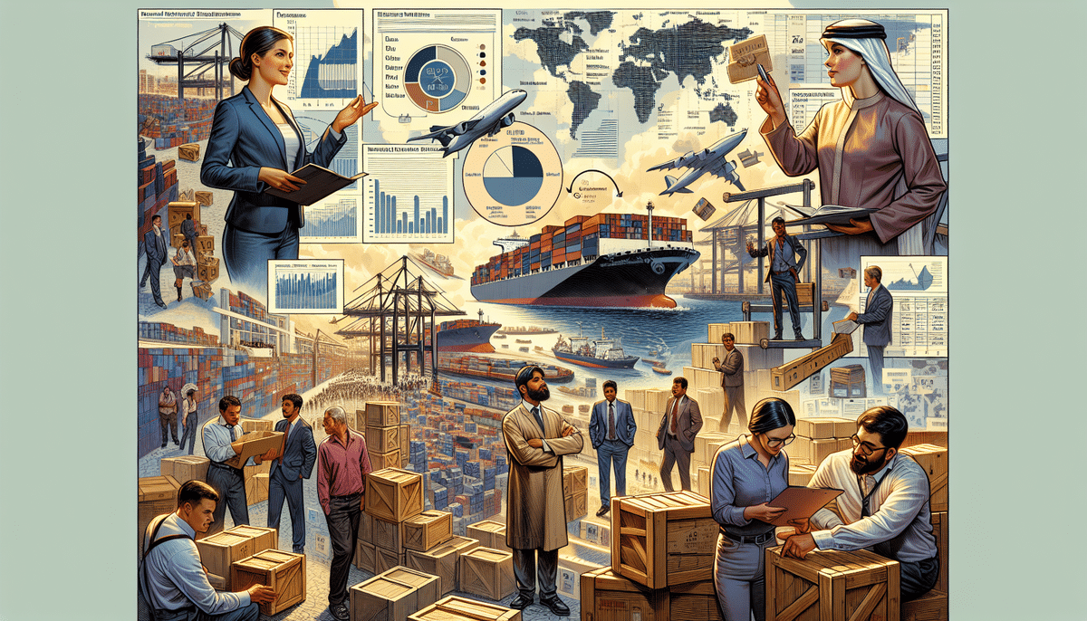 Illustration depicting logistics and international trade, featuring freight forwarders managing cargo, airplanes, ships, and trucks. Includes charts, graphs, and a world map, symbolizing collaboration in global transport networks.