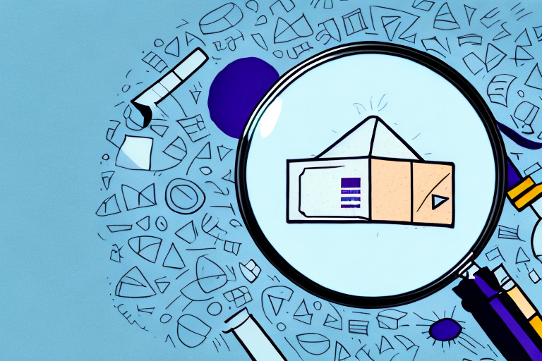 A magnifying glass hovers over a geometric design like a 3D box, surrounded by various shapes against a blue background, reminiscent of how to get insights using tools like FedEx Ship Manager.