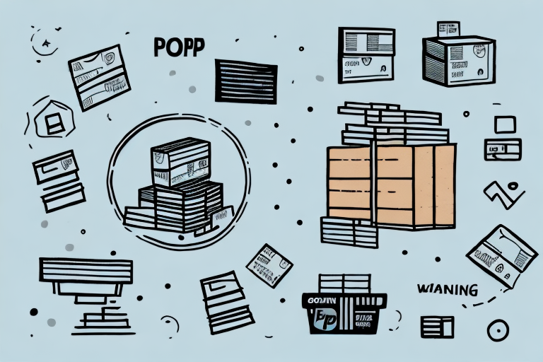 A stylized illustration of various stacked boxes with labels, set against a light blue background decorated with small circles, evokes the organized efficiency of an UPS Store. Labels include POPP and WIANING, surrounded by scattered individual boxes and packaging elements.