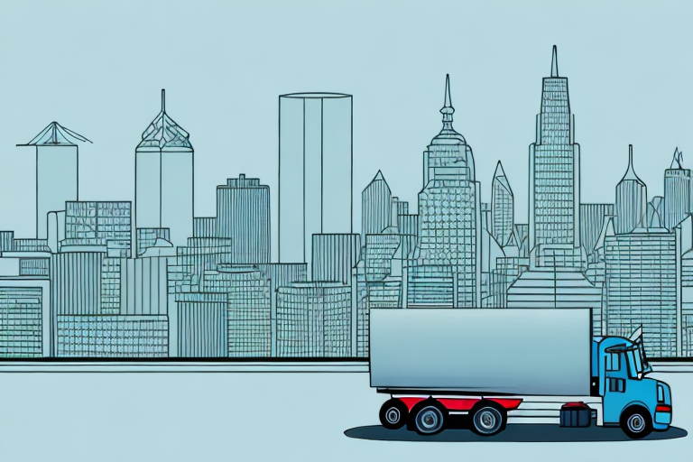 Illustration of a blue semi-truck, symbolizing successful 3PL, driving in front of a city skyline with various skyscrapers against a light blue background.