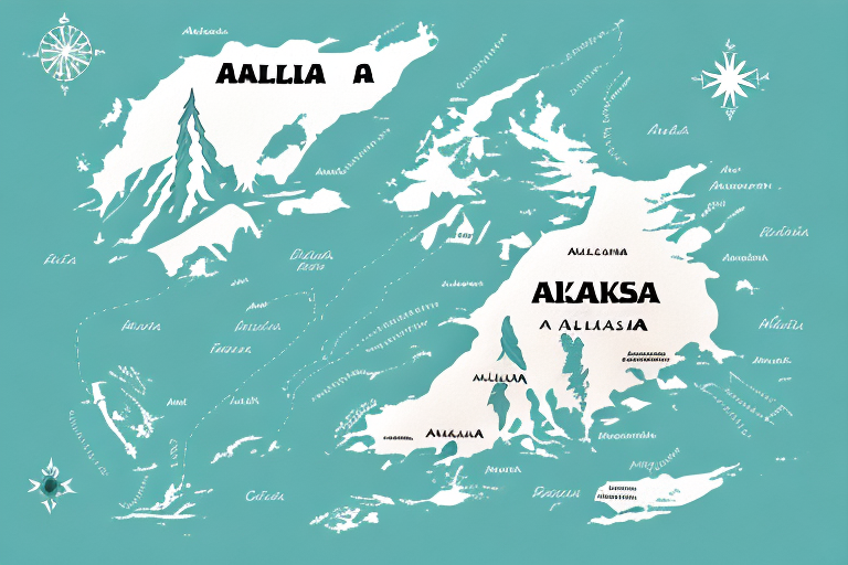 A stylized map depicting whimsical places with artistic land shapes. Labeled areas include Aalllia and Alaksa. The map is turquoise with white landmasses and decorative compass roses at the corners, reminiscent of an imagined world where UPS shipping rates dont apply.