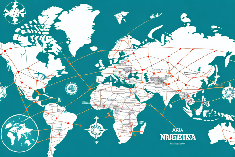 A stylized world map with interconnected red lines and nodes across continents, symbolizing Nigeria to UK logistics. The background is teal, adorned with decorative compass elements. The words Ania Nagerina Navigating are prominently featured, hinting at a journey mirrored in UPS shipping rates.
