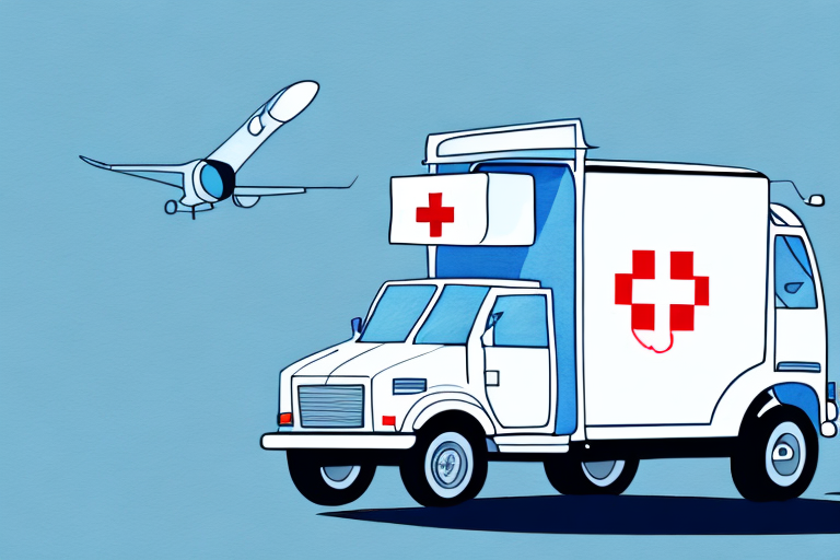 Illustration of a white ambulance with a red cross on the side, set against a blue background. A plane flies overhead, symbolizing the urgent journey akin to becoming a medical courier driver, swiftly delivering essentials to medical facilities.