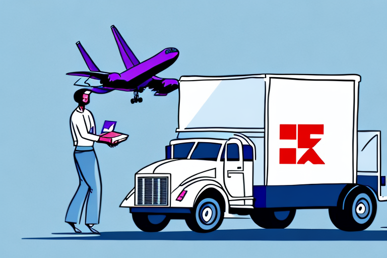 Illustration of a delivery scene. A person with a laptop and package stands beside a white truck with a red logo. A purple airplane flies overhead against a blue background, capturing the essence of global logistics and understanding FedEx shipping rates.