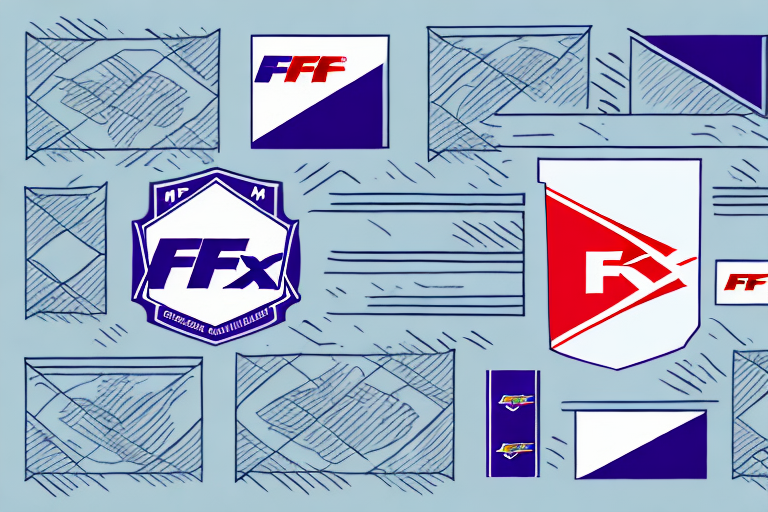 A collection of abstract and geometric shapes featuring various logos and patterns, primarily in blue, red, and white. Inspired by the quick pace of FedEx deliveries, the design includes shields, stripes, and stylized letters on a light blue background.