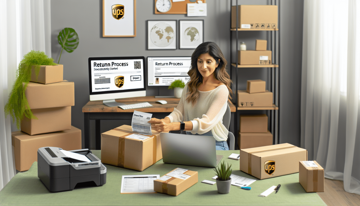 A woman sits at a desk, her laptop open as she organizes UPS packages and labels. Nearby, a printer and two monitors display Return Process details for generating a UPS Print Return Label. Boxes from the original shipment and packing materials surround her in this well-organized workspace.