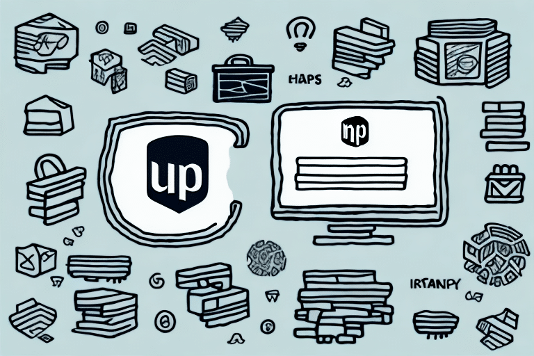 A hand-drawn style illustration depicts a computer screen with a logo and login interface. Surrounding it are abstract shapes, briefcase icons, light bulbs, and various objects that symbolize Shopify optimization, all in monochrome on a light grey background.