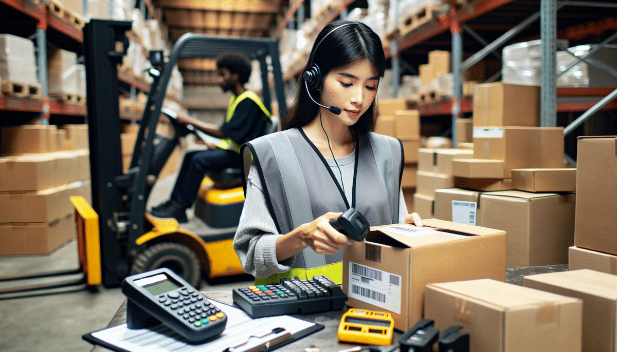 A woman in a warehouse kitting area, wearing a headset and reflective vest, expertly uses a barcode scanner on a package. A forklift operates smoothly in the background as part of the efficient workflow. Surrounded by shelves filled with boxes, she embodies the guide to getting started in efficient logistics.