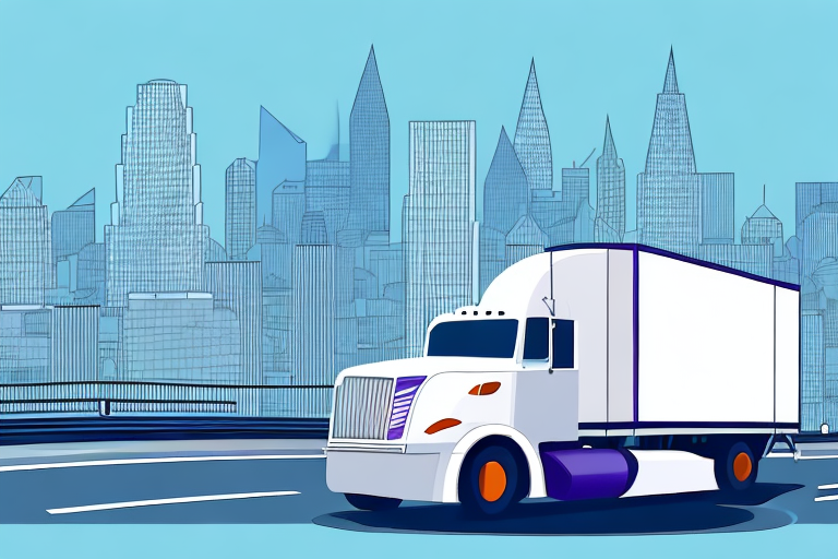 Illustration of a white semi-truck with purple accents driving on a highway, symbolizing solutions to FedEx delays, against a stylized urban skyline with tall skyscrapers under a clear blue sky.