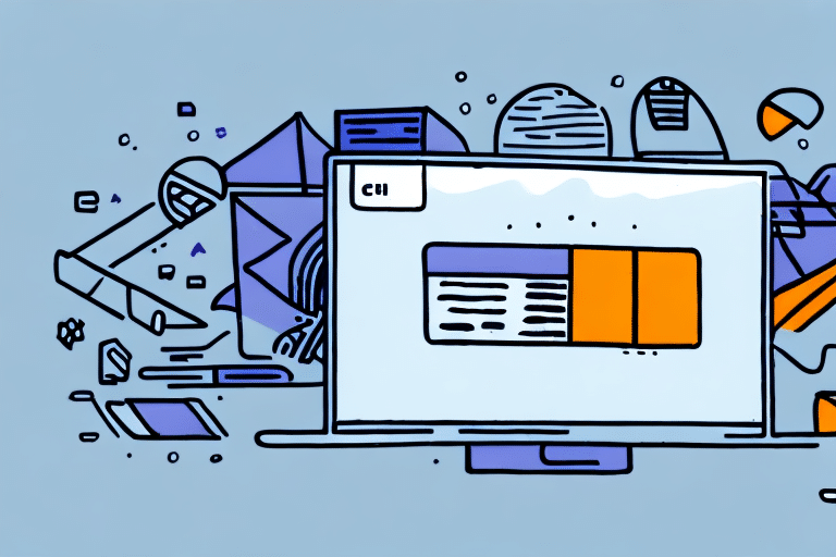 Illustration of a computer screen displaying a spreadsheet and charts, surrounded by digital icons and abstract shapes on a blue background, seamlessly integrating FedEx Ship Manager to symbolize data analysis, technology, and efficient shipping tutorials.