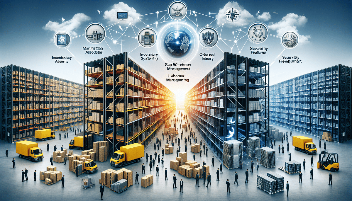 A futuristic warehouse scene with tall shelves filled with boxes, surrounded by people and yellow trucks. Icons above depict interconnected services like inventory systems such as Manhattan Associates WMS and security features against a glowing sunrise background.