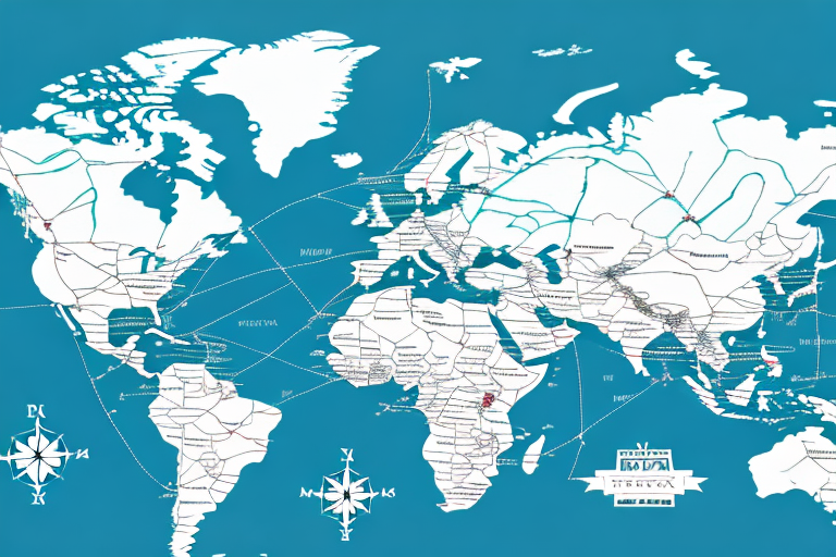 Illustrated world map with stylized continents, blue oceans, and white land masses. Features trade routes like those from Morocco to USA and compass roses. Various lines connect regions, enhancing the geographic details. Texts dot the map alongside decorative elements for a captivating display.