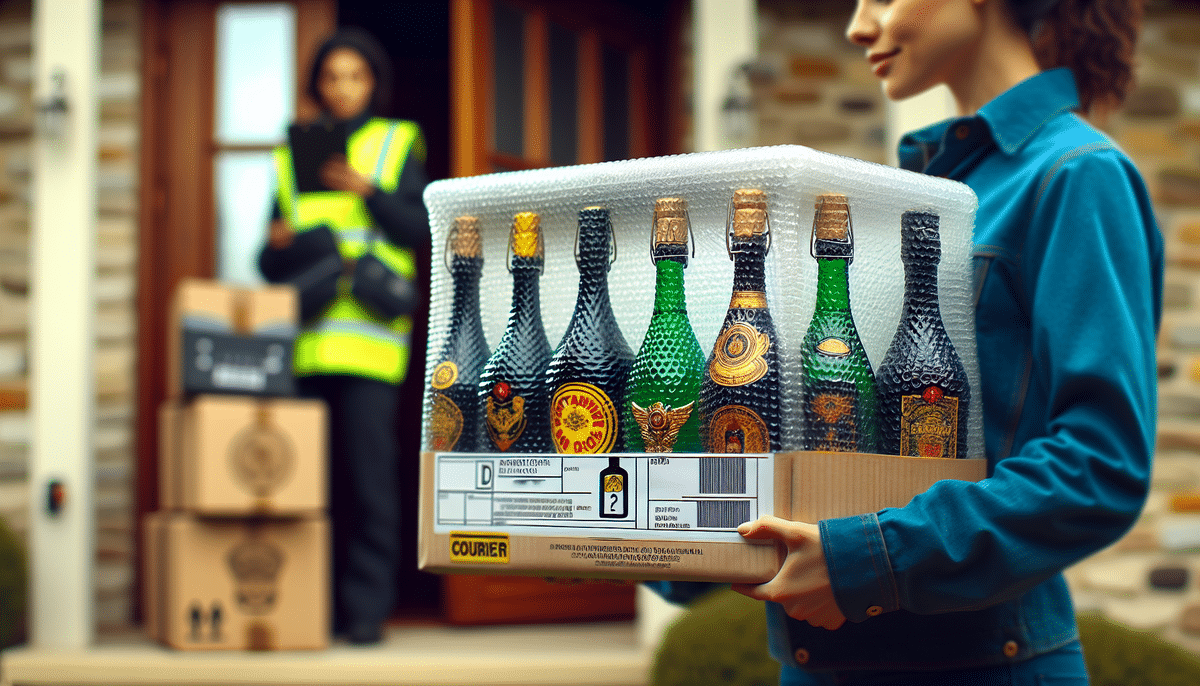 A person carrying a package of wine bottles wrapped in bubble wrap stands outside a house. In the background, a delivery person in a high-visibility vest follows FedEx guidelines while handling more boxes near the open door, showcasing the careful process of shipping alcohol safely.