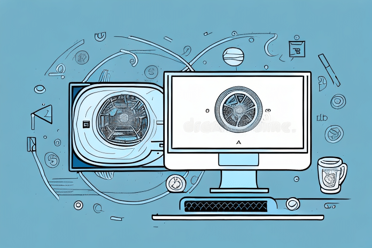 Illustration of a computer with a geometric design on the screen and a futuristic device beside it. The background is blue with various abstract shapes and planets, evoking a sense of rapid innovation. A coffee mug sits in the foreground, suggesting that you can quickly import UPS WorldShip data while enjoying your brew.