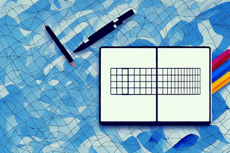 An open notebook with a grid layout rests on a blue, abstract patterned surface resembling a Book Weight Calculators interface. Nearby are two pens and a pencil on the left and colorful markers on the right. Lines and shapes in various shades of blue fill the background.
