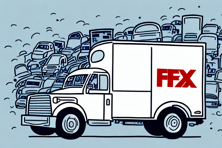 An illustration of a delivery truck with FFX on its side, maneuvering through a bustling backdrop of cars and vehicles. This simplistic, animated style subtly nods to FedEx logistics and the intricate dance that often influences shipping delays.