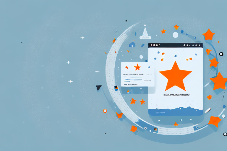 An abstract digital illustration guides the eye to a large orange star at its center, surrounded by smaller stars and geometric shapes on a blue background. This design exudes creativity and digital flair, like visual product reviews set against an artistic cosmos.