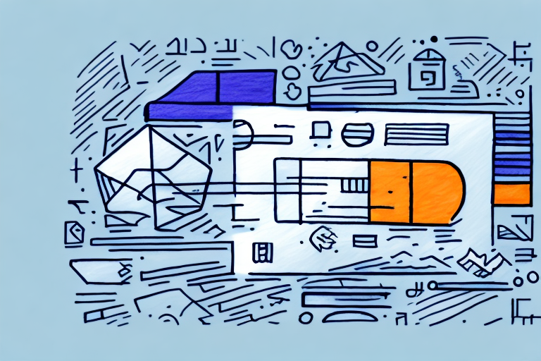 An abstract illustration featuring geometric shapes like arrows, rectangles, and envelopes in blue, orange, and white on a light gray background reflects the dynamic energy of FedEx packaging. The scattered lines and symbols mimic the chaotic yet interconnected essence of package delivery.